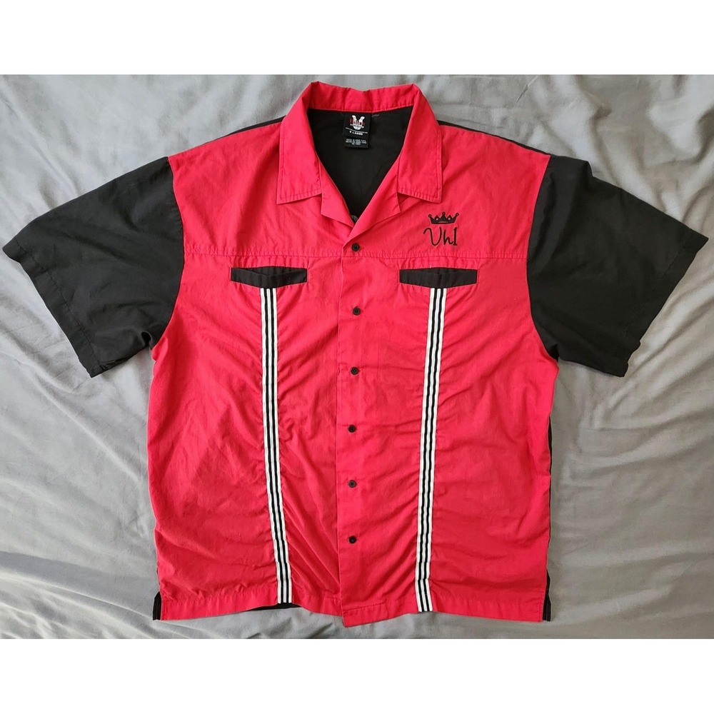 Hilton Bowling Hero Shirt Mens XL Red Black Retro Camp Button Front Back Graphic